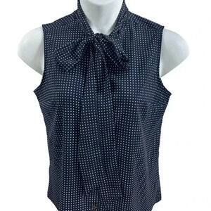 Tommy Hilfiger Womens L Top Sleeveless Tie Neck Navy Blue Polka Dot Blouse